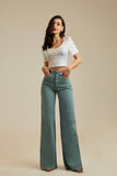 Calça Jeans Modeladora Wide Leg Com Fenda Verde Malva Cós Super Alto