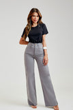 Calça Jeans Modeladora Wide Leg com Fenda Cinza Cós Super Alto