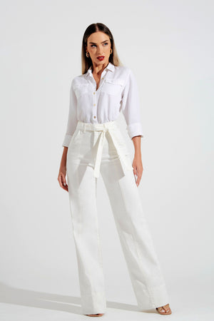 Calça Jeans de Rica Tecnológica Wide Leg Off White Cós Super Alto