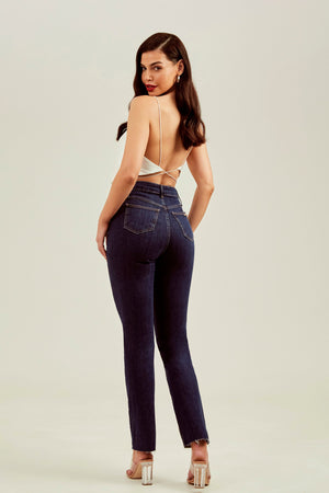 Calça Jeans Modeladora Revolucionária Escura Reta Cós Super Alto
