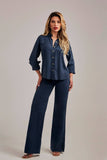 Calça Jeans Modeladora Wide Leg Com Fenda Azul Marinho Cós Super Alto