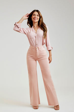 Calça Jeans Modeladora Wide Leg Rosa Cós Super Alto