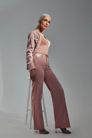 Calça Jeans Modeladora Wide Leg Rosa Cós Super Alto