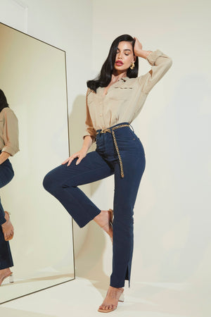 Calça Jeans Modeladora Azul Marinho Reta Cós Alto