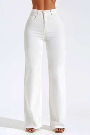 Calça Jeans Modeladora Wide Leg Off White Cós Super Alto