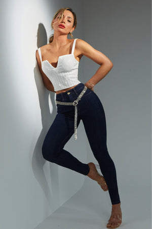 Calça Jeans Modeladora Revolucionária Skinny Escura Cós Super Alto