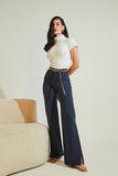 Calça Jeans Modeladora Wide Leg Com Fenda Azul Marinho Cós Super Alto