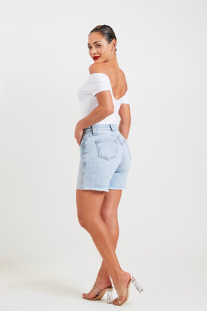 Shorts Jeans Modelador Estonado Estiloso Cós Alto