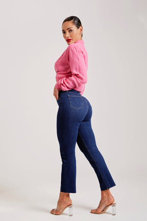 Calça Jeans Modeladora Revolucionária Escura Reta Cós Super Alto