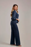 Calça Jeans Modeladora Wide Leg Com Fenda Azul Marinho Cós Super Alto