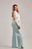 Calça Jeans Modeladora Wide Leg com Fenda Aqua Cós Super Alto