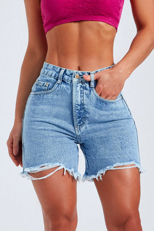 Shorts Jeans Modelador Estonado Claro Destroyed Cós Alto