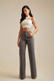 Calça Jeans Modeladora Wide Leg com Fenda Cinza Cós Super Alto