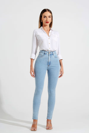 Calça Jeans Modeladora Revolucionária Skinny Clara Cós Super Alto