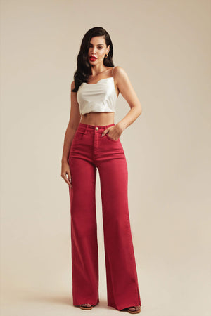 Calça Jeans Modeladora Wide Leg Com Fenda Viva Magenta