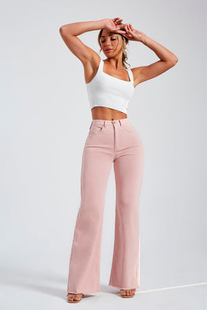 Calça Jeans Modeladora Wide Leg Rosa Cós Super Alto