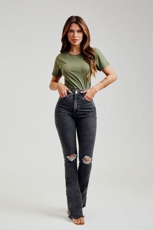 Calça Jeans Modeladora Boot Cut Destroyed Cinza Cós Super Alto