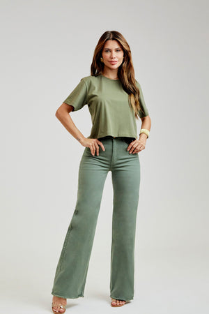 Calça Jeans Modeladora Wide Leg Verde Cós Super Alto