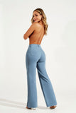 Calça Jeans Modeladora Wide Leg com Fenda Azul Capri Cós Super Alto