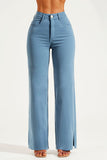 Calça Jeans Modeladora Wide Leg com Fenda Azul Capri Cós Super Alto