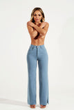 Calça Jeans Modeladora Wide Leg com Fenda Azul Capri Cós Super Alto