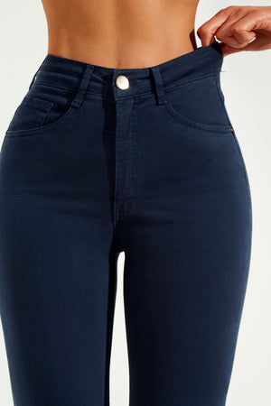 Calça Jeans Modeladora Azul Marinho Reta Cós Alto