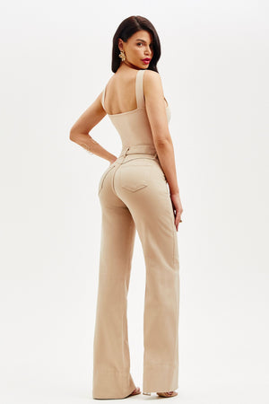 Calça Jeans de Rica Tecnológica Wide Leg Nude Cós Médio