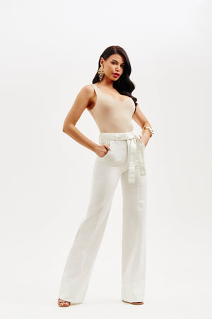 Calça Jeans de Rica Tecnológica Wide Leg Off White Cós Super Alto