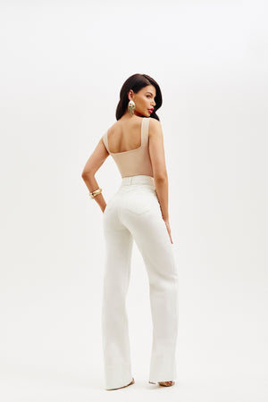 Calça Jeans de Rica Tecnológica Wide Leg Off White Cós Super Alto