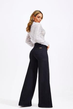 Calça Jeans Modeladora Pantalona Preta Cós Médio