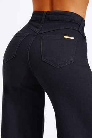 Calça Jeans Modeladora Pantalona Preta Cós Médio