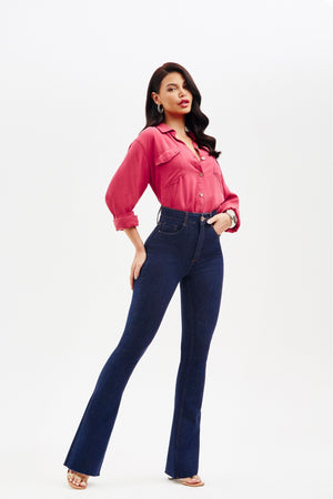 Calça Jeans Modeladora Revolucionária Escura Flare Cós Super Alto