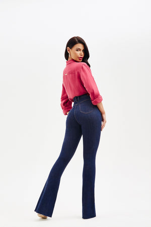 Calça Jeans Modeladora Revolucionária Escura Flare Cós Super Alto