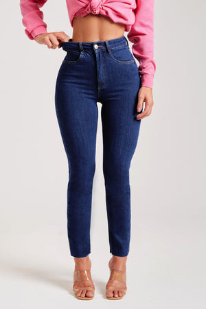 Calça Jeans Modeladora Revolucionária Escura Reta Cós Super Alto