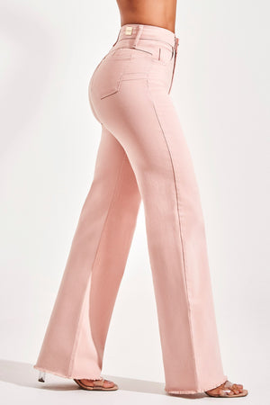 Calça Jeans Modeladora Wide Leg Rosa Cós Super Alto