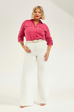 Calça Jeans Modeladora Wide Leg Off White Cós Super Alto