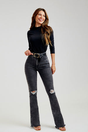 Calça Jeans Modeladora Boot Cut Destroyed Cinza Cós Super Alto