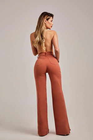 Calça Jeans Modeladora Wide Leg com Fenda Terracota