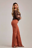 Calça Jeans Modeladora Wide Leg com Fenda Terracota