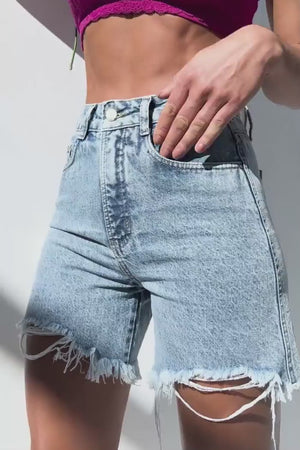 Shorts Jeans Modelador Estonado Claro Destroyed Cós Alto