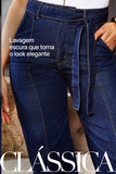 Calça Jeans de Rica Tecnológica Wide Leg Cós Super Alto